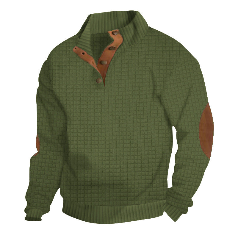 Men's Quilted Knit Sweater with Leather Elbow Patches - Stand Collar Button Pullover