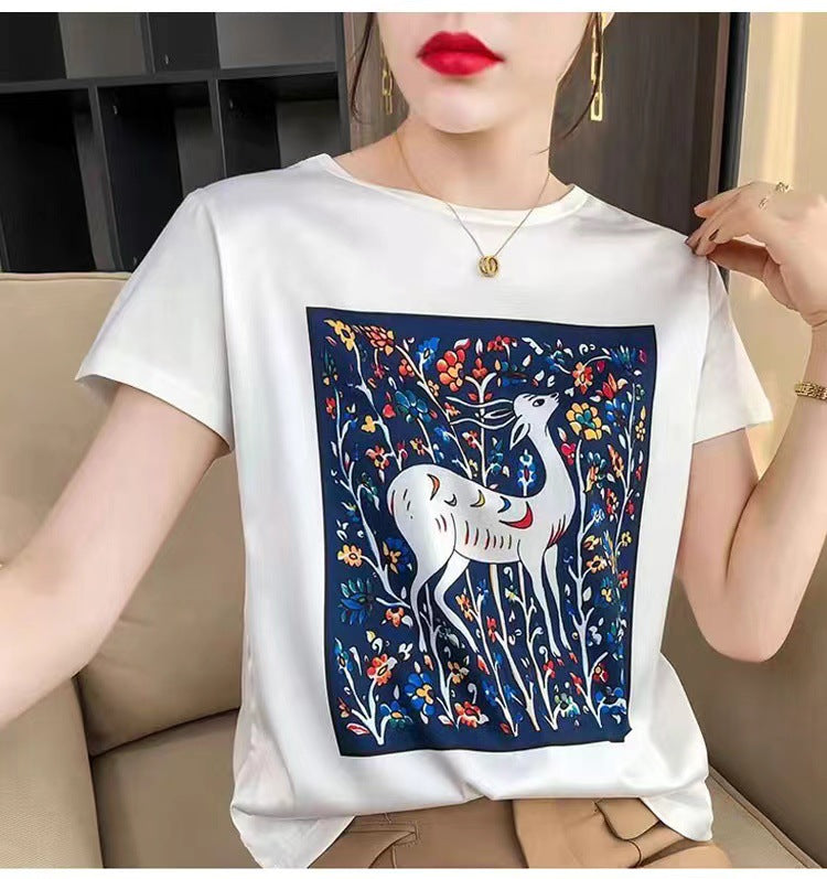 Silk T-shirt women's round neck knitted silk print pattern short sleeve