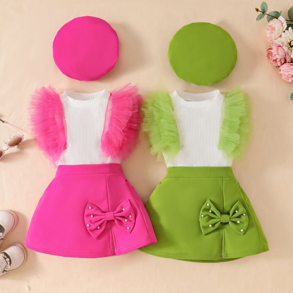 Toddler girls sleeveless mesh pit strip top beret three-piece set