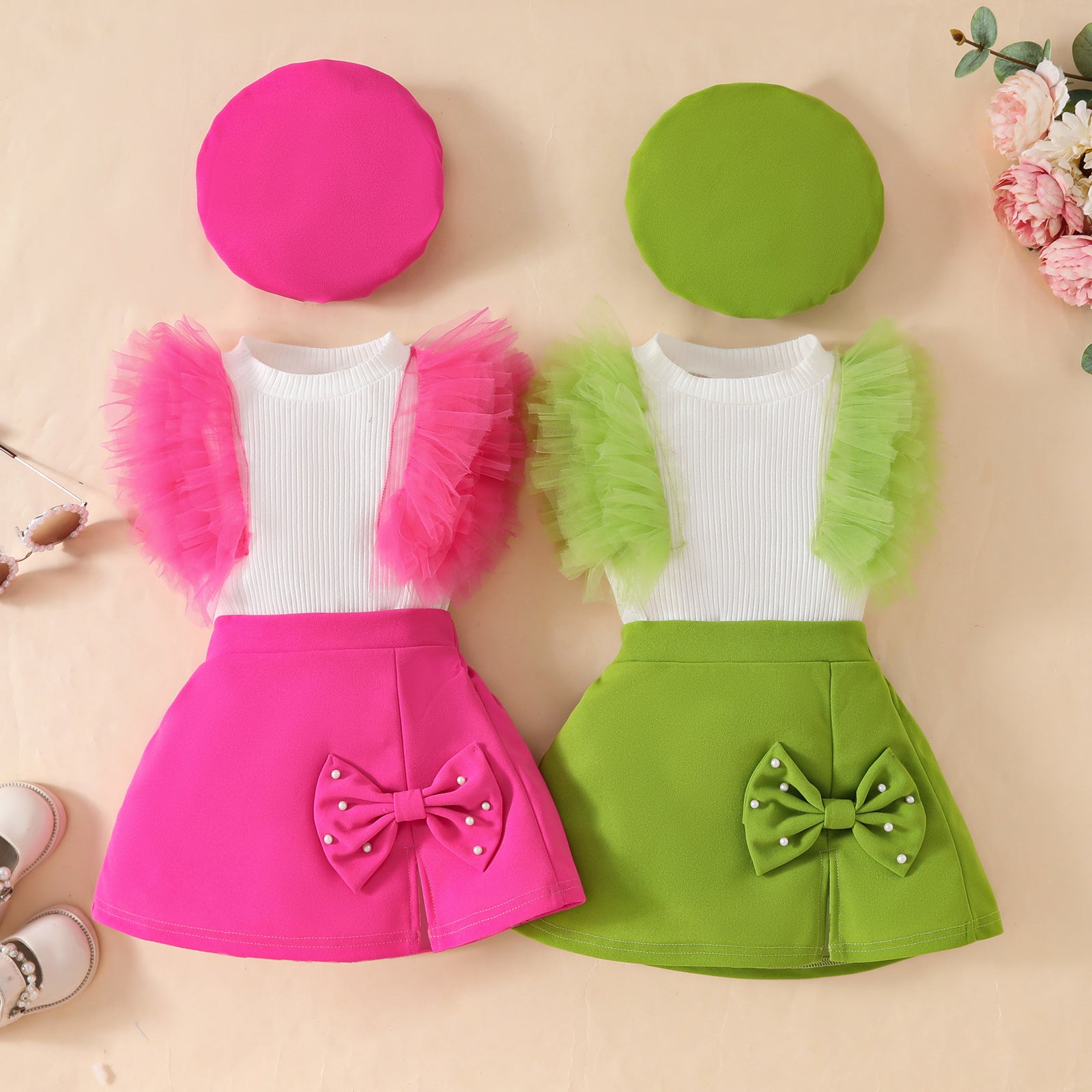 Toddler girls sleeveless mesh pit strip top beret three-piece set