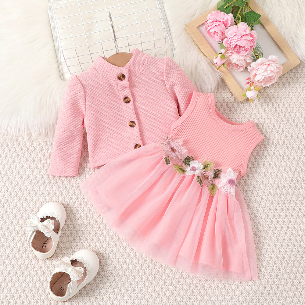 Pink Baby Girl Cardigan Dress Set - Floral Embroidered Tulle Outfit with Jacket
