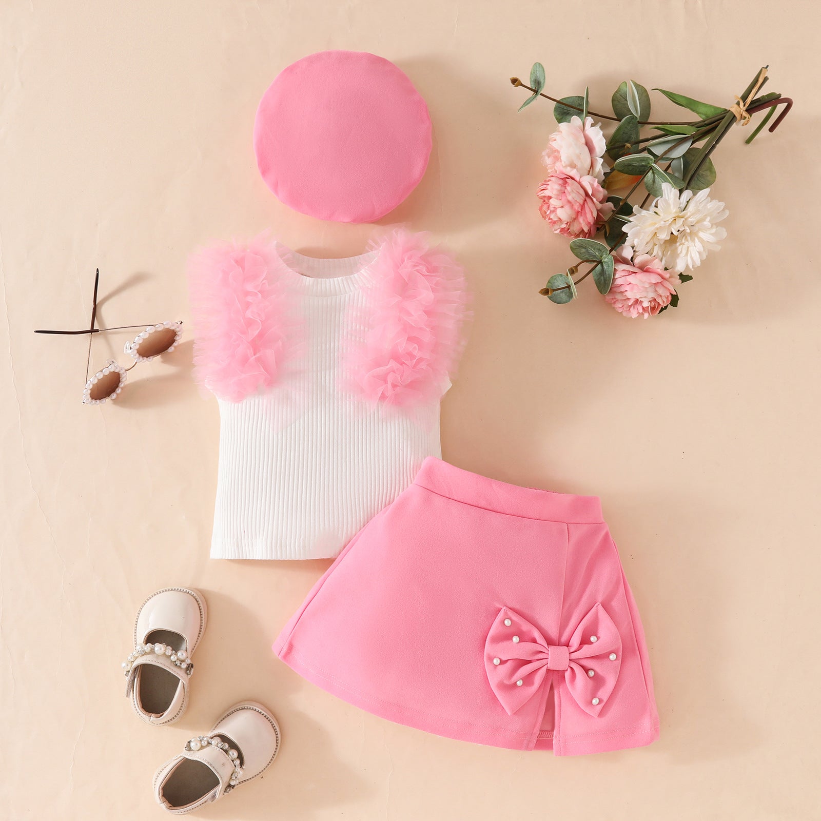 Toddler girls sleeveless mesh pit strip top beret three-piece set