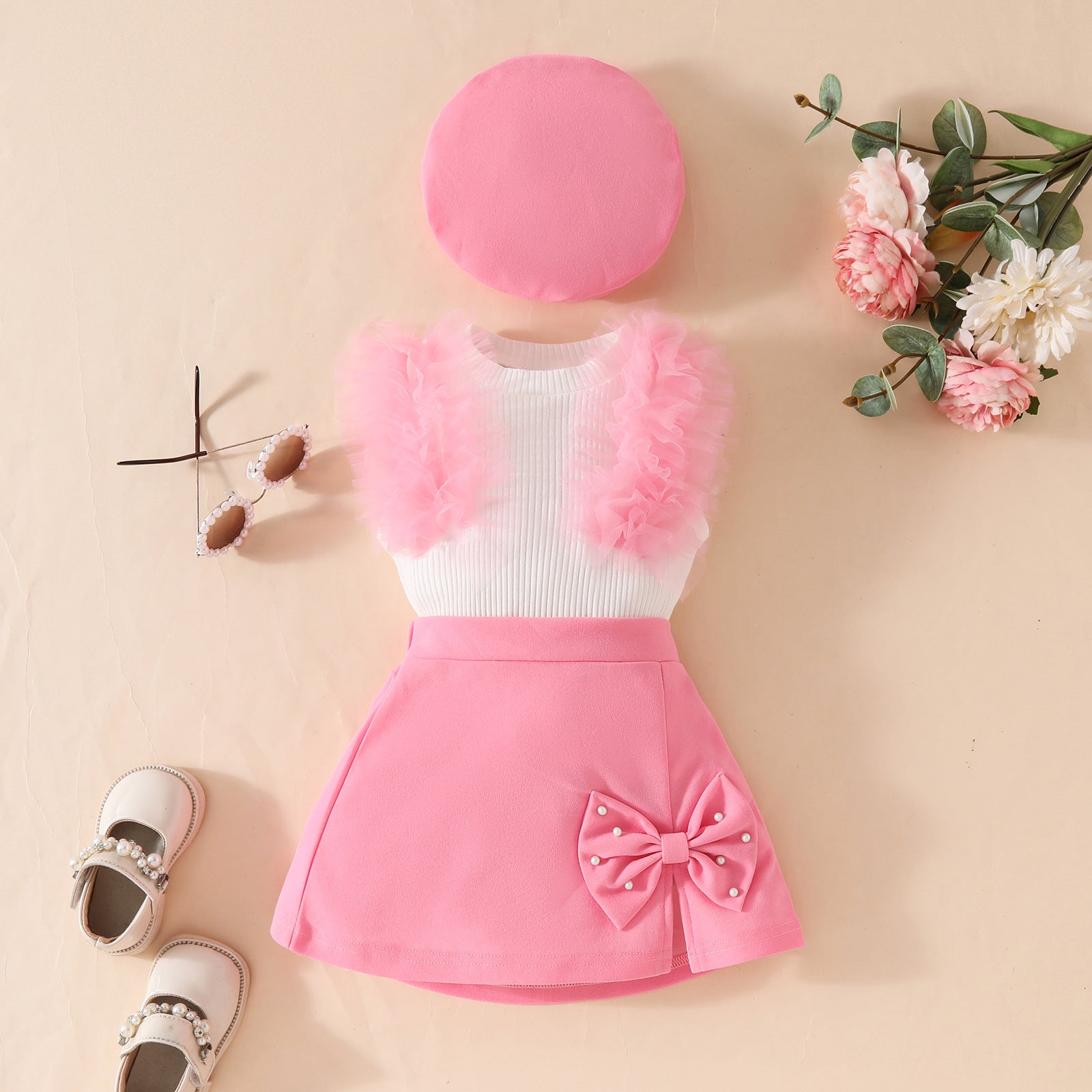 Toddler girls sleeveless mesh pit strip top beret three-piece set