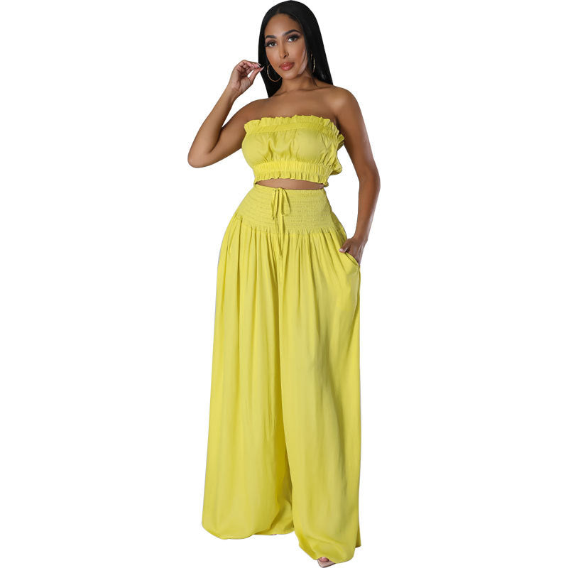 Women’s 2-Piece Wide Leg Summer Set – Strapless Crop Top & High Waist Pants