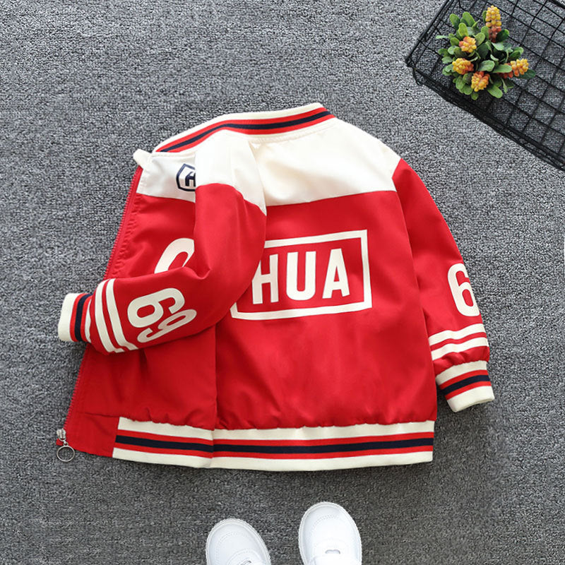 Boys Navy Blue Varsity Jacket HUA Logo Spring Autumn Casual Sports Coat