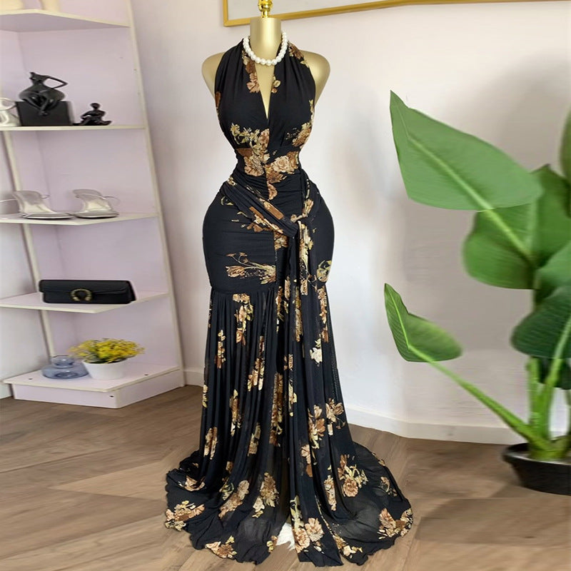Black Floral Halter Maxi Dress - Elegant Evening Gown | MTS-Glamour