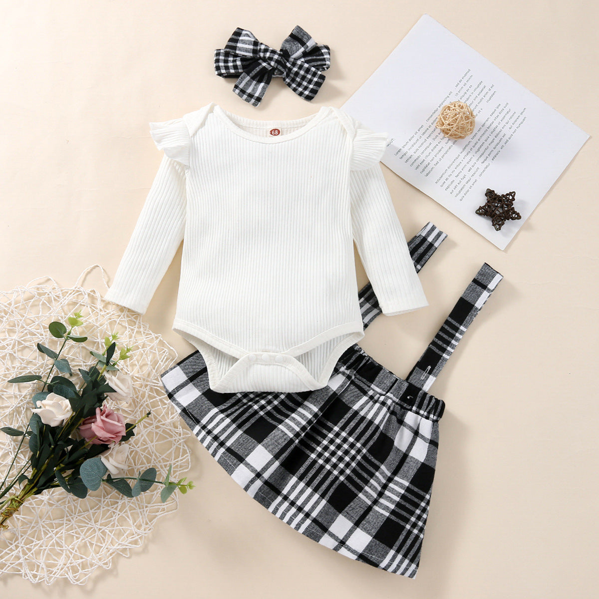 Baby foreign air flying sleeve triangle crawler dress plaid strap skirt baby girl