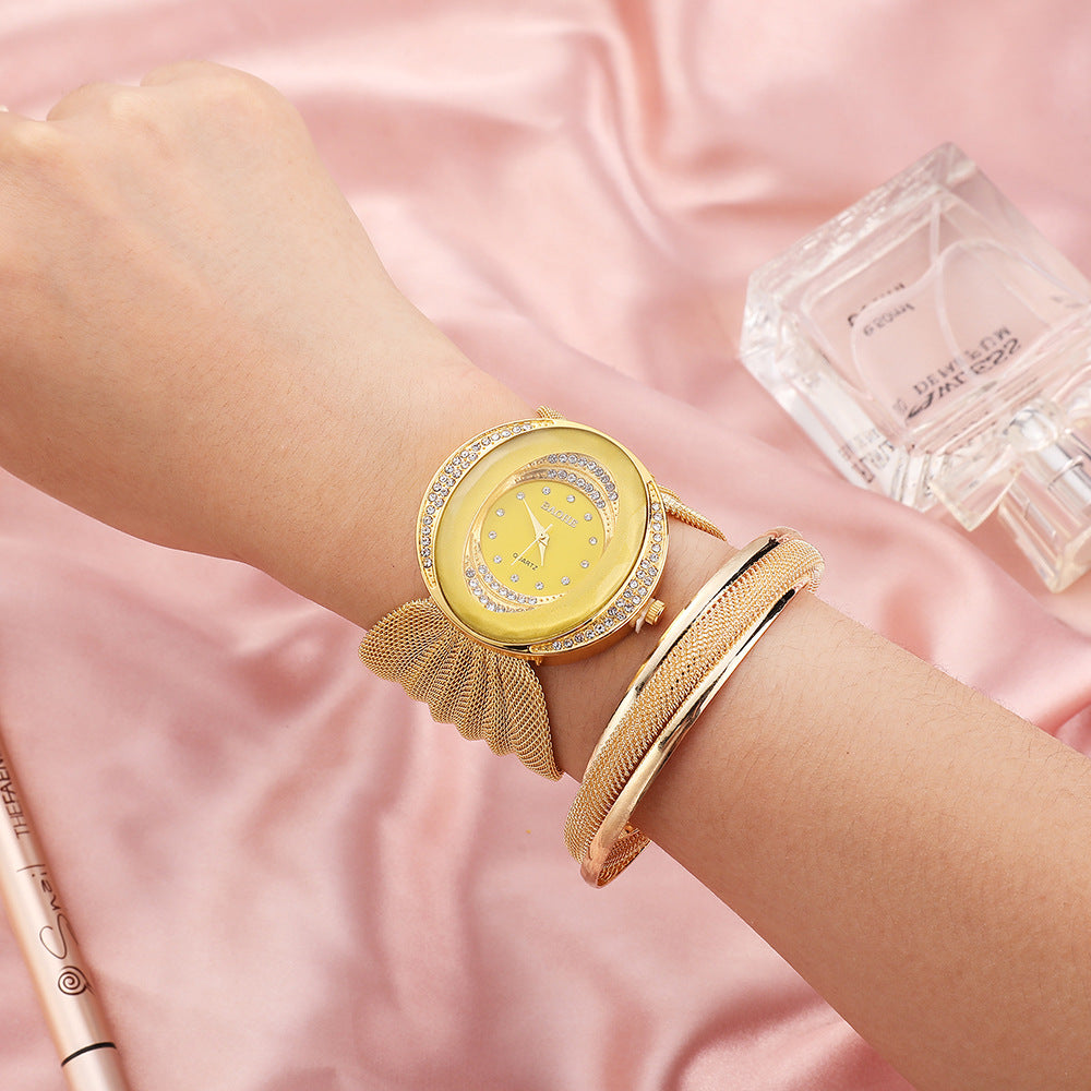 Luxury Gold Women's Watch Set - Crystal Mesh Strap Quartz Watch with Bracelet Gift Box