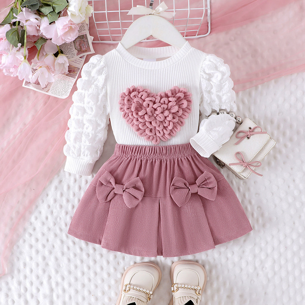 Children's suit puff sleeve love top + bow short skirt two-piece set