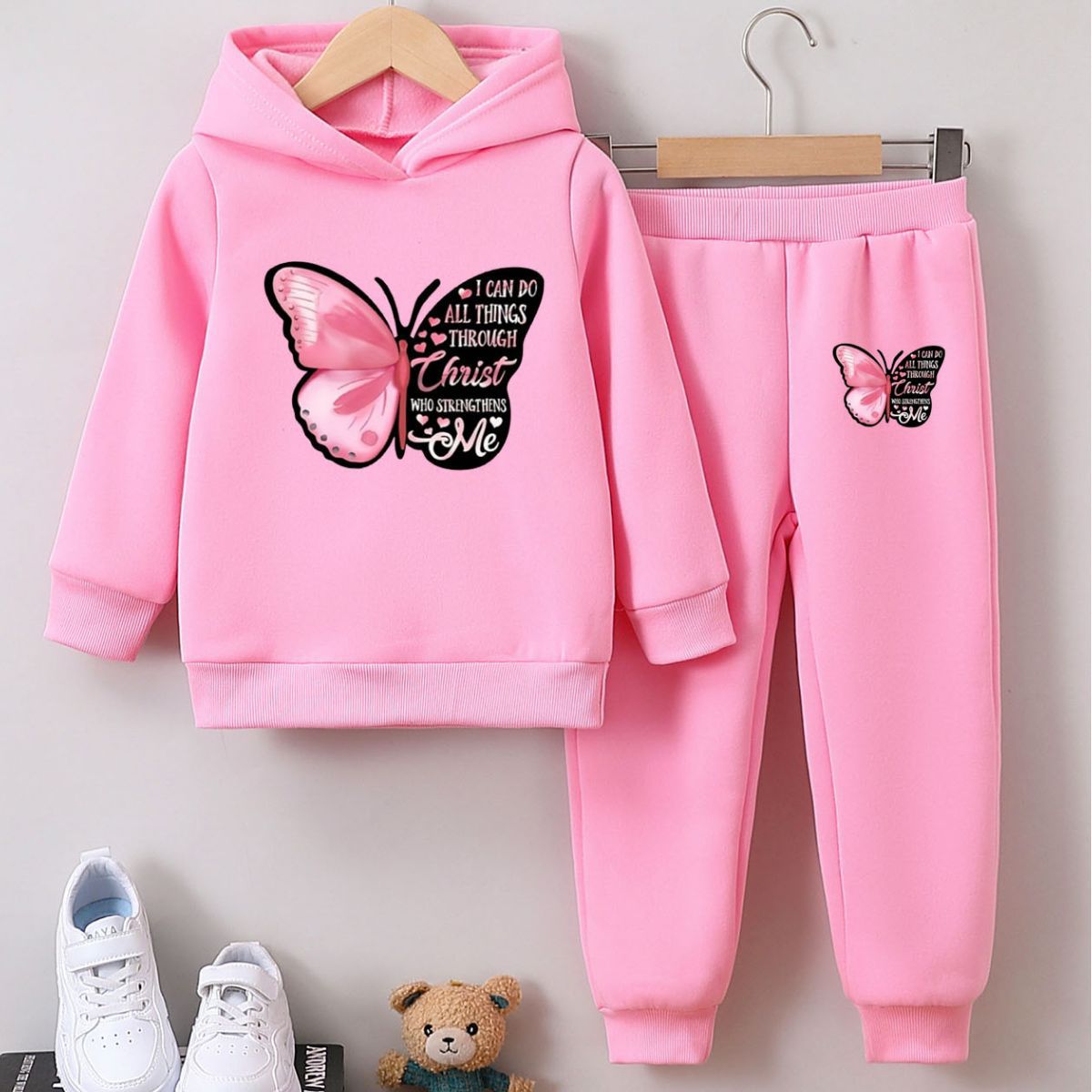 Girls Butterfly Hoodie Set - Inspirational Christian Quote Sweatsuit for Kids