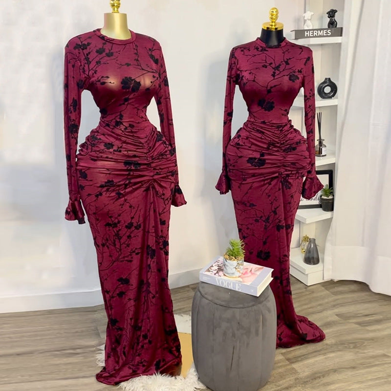 Burgundy Floral Print Long Sleeve Bodycon Dress - Elegant Evening Wear