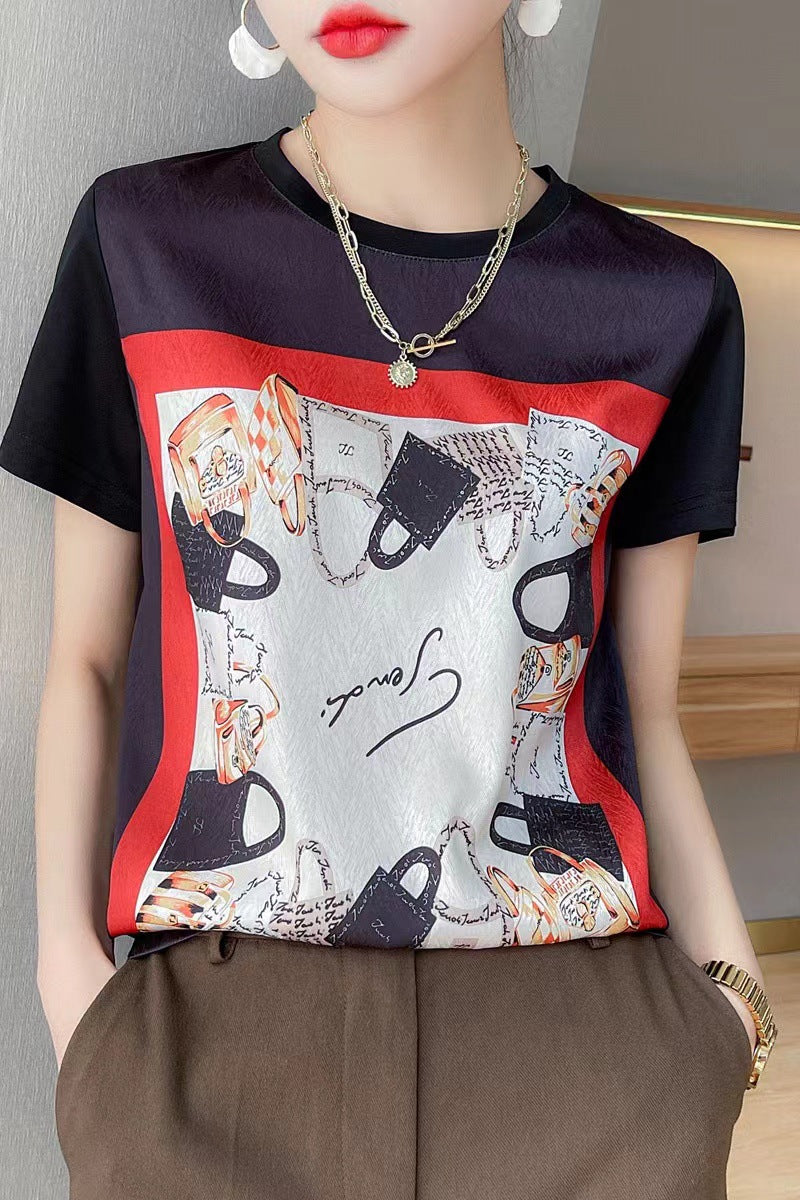 Silk T-shirt women's round neck knitted silk print pattern short sleeve