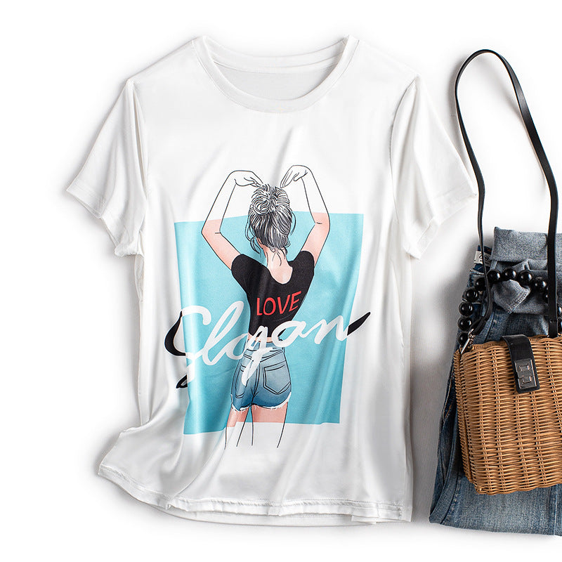 Silk T-shirt women's round neck knitted silk print pattern short sleeve
