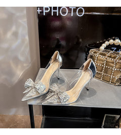 French crystal high heels women's new shiny bow singlespring  celebrity