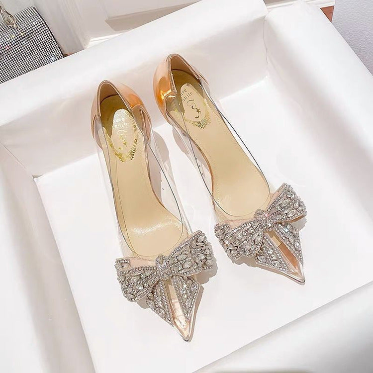 French crystal high heels women's new shiny bow singlespring  celebrity