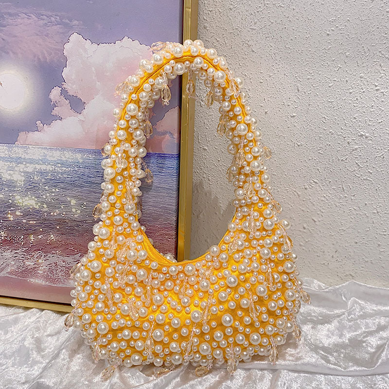Pearl Beaded Handbag Luxury Yellow Designer Shoulder Bag with Crystal Details