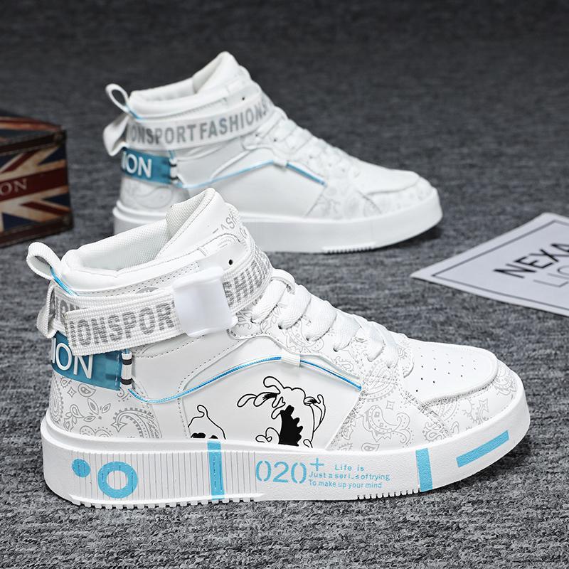 White High-Top Sneakers - Trendy Casual Shoes with Blue Accents