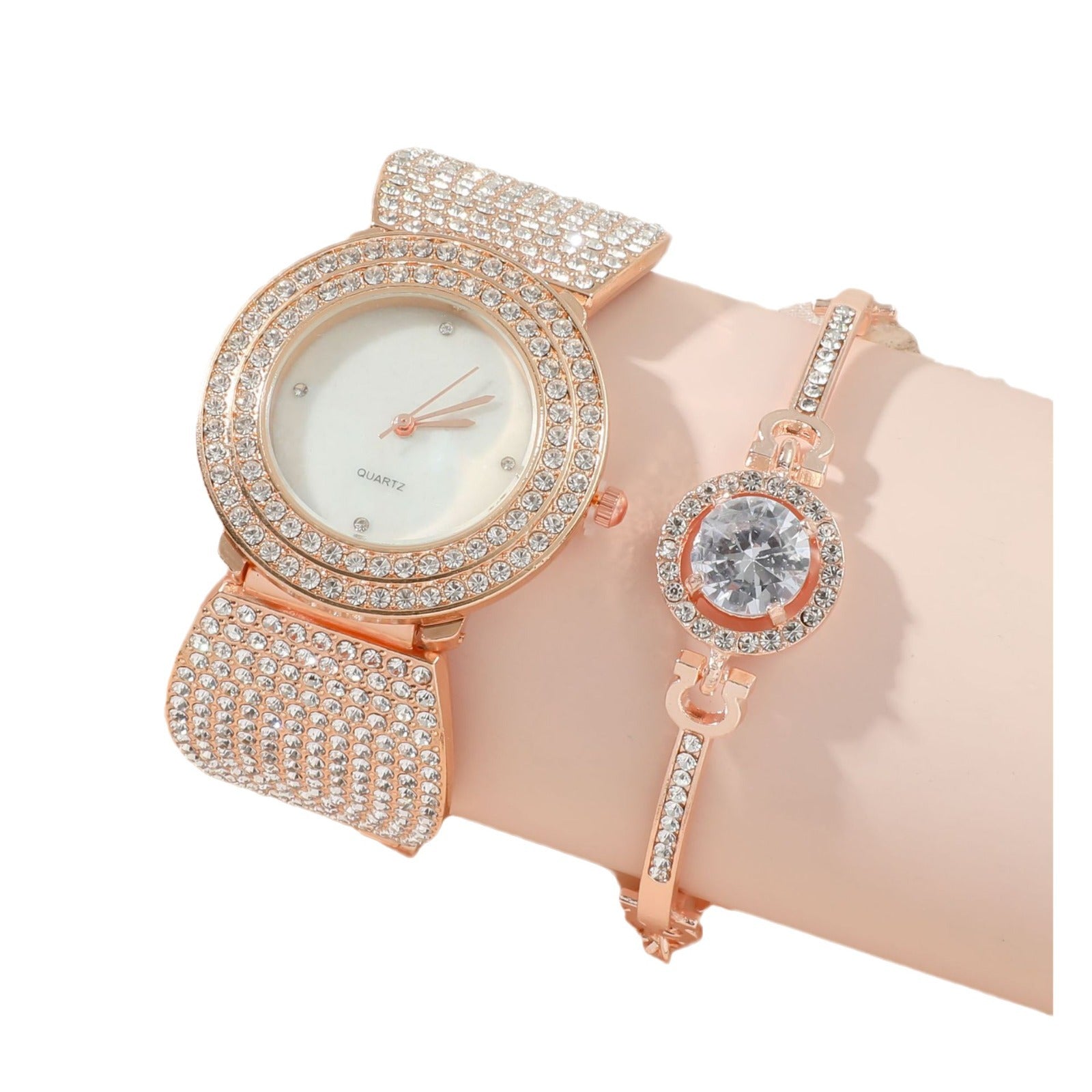 Rose Gold Crystal Jewelry Set - 5 Piece Watch Necklace Earrings Bracelet Collection