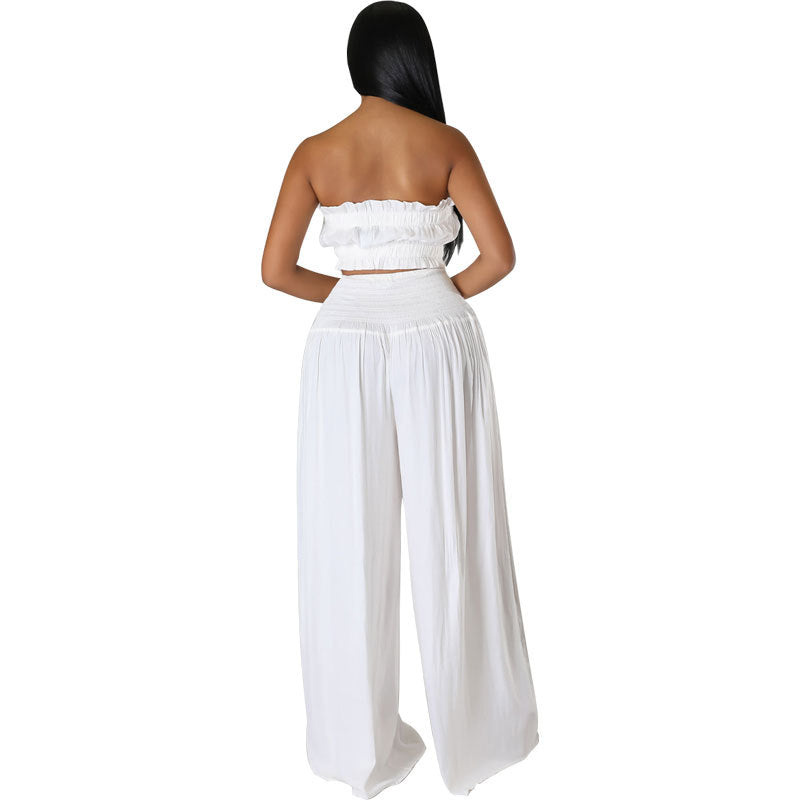 Women’s 2-Piece Wide Leg Summer Set – Strapless Crop Top & High Waist Pants