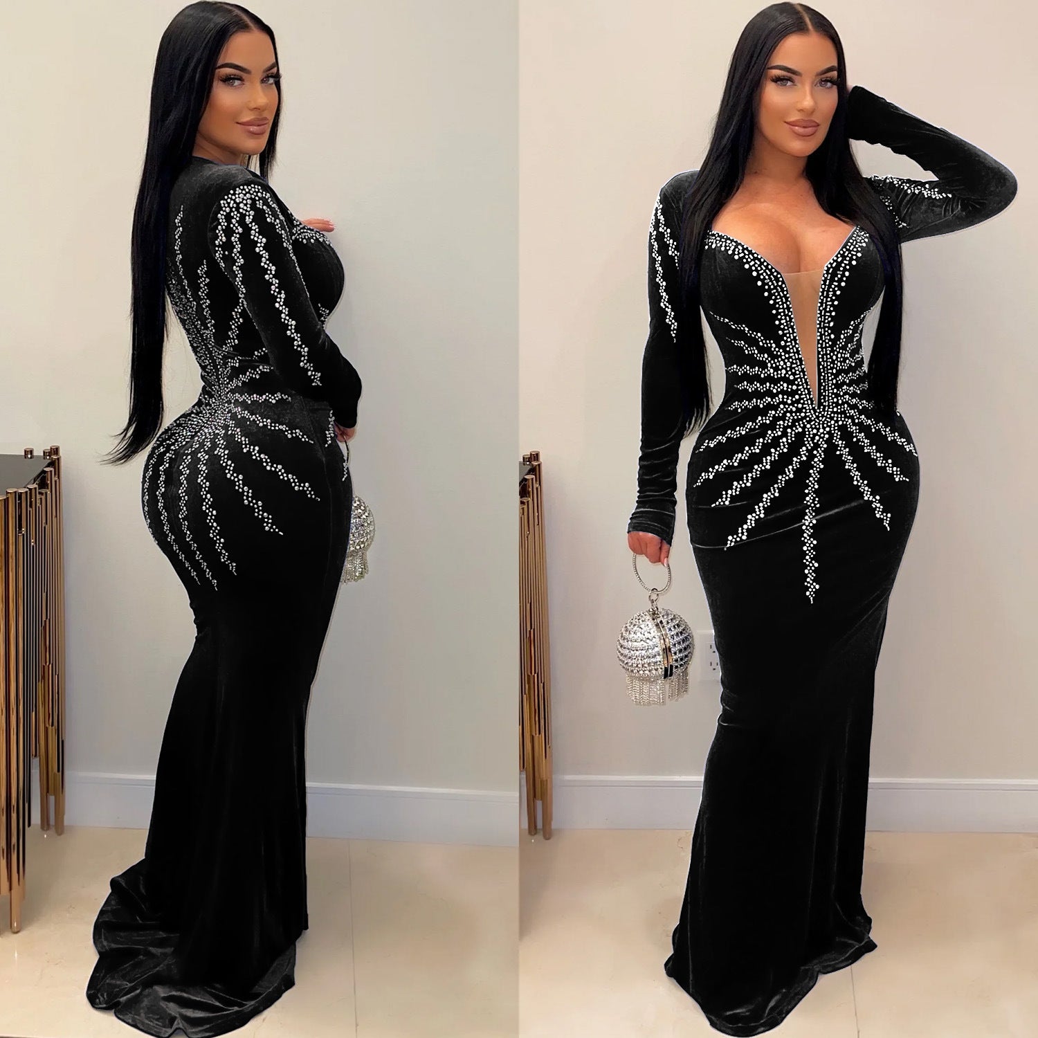 Sequined Mermaid Evening Gown Long Sleeve Bodycon Party Dress
