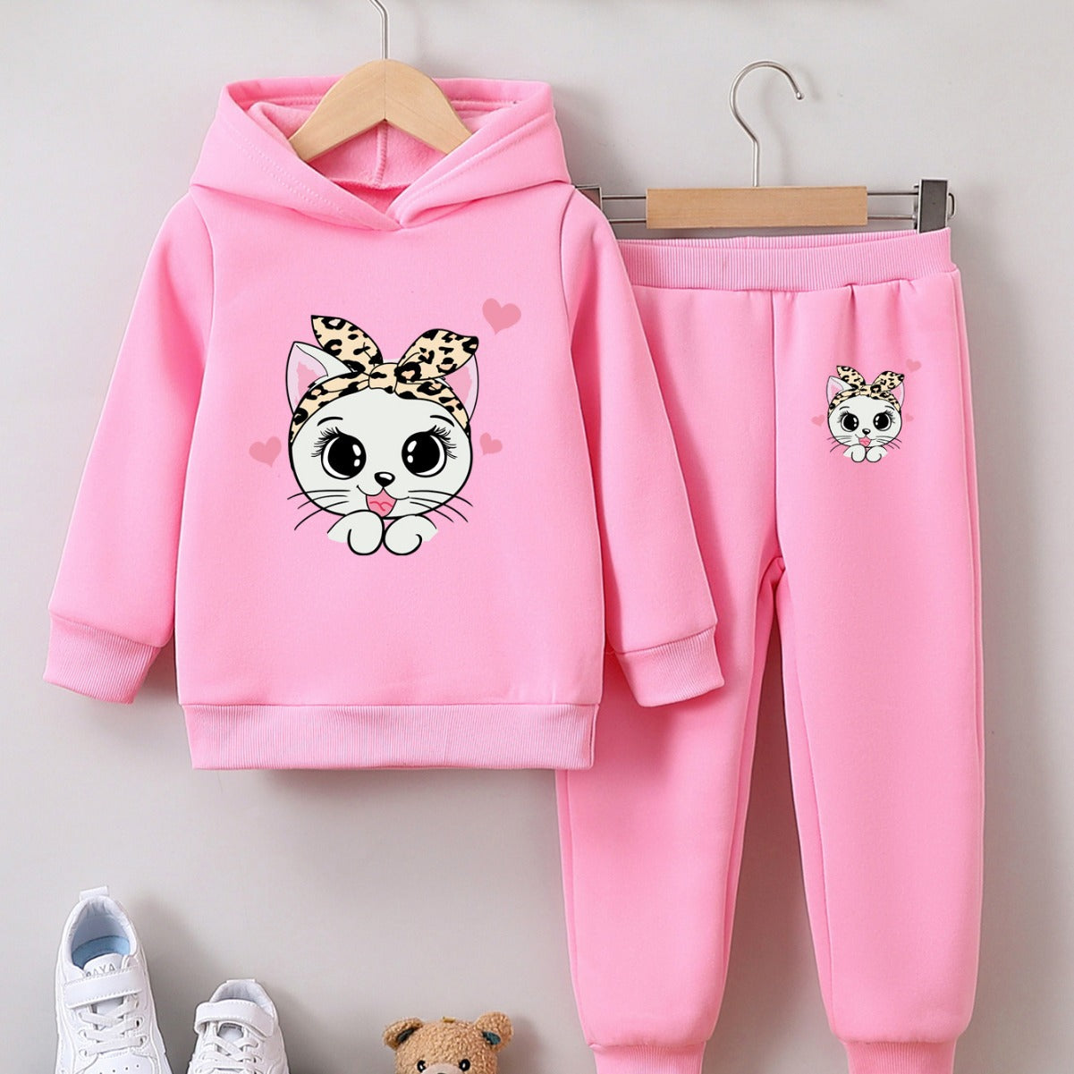 Girls' fashion sweatshirt two-piece kitten print girl autumn and winter