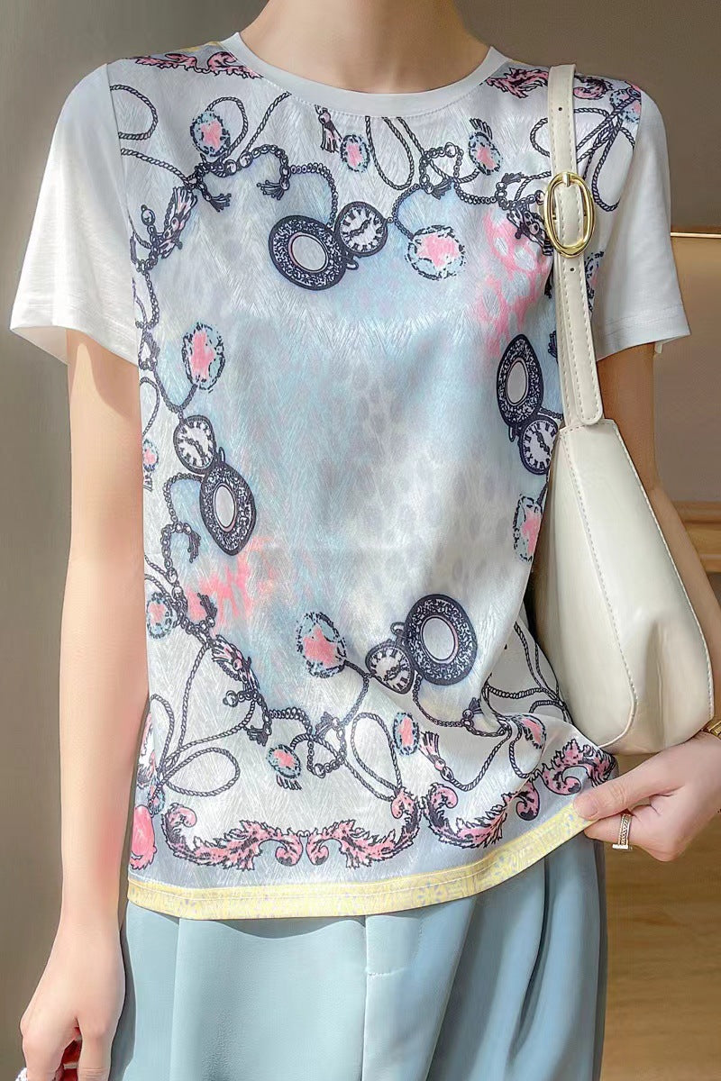 Silk T-shirt women's round neck knitted silk print pattern short sleeve