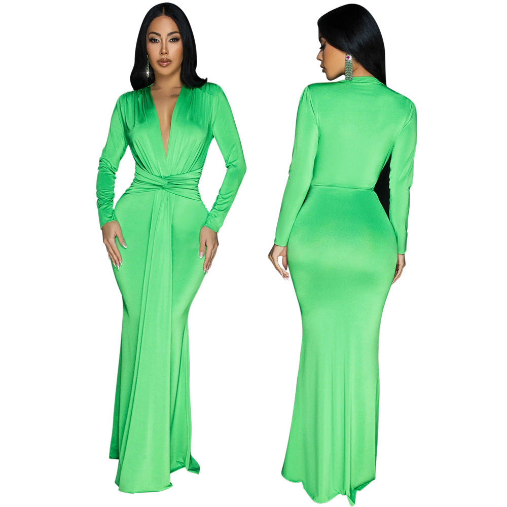 Europe and America Sexy Deep V Slim Long Sleeve Solid Color Dress Party