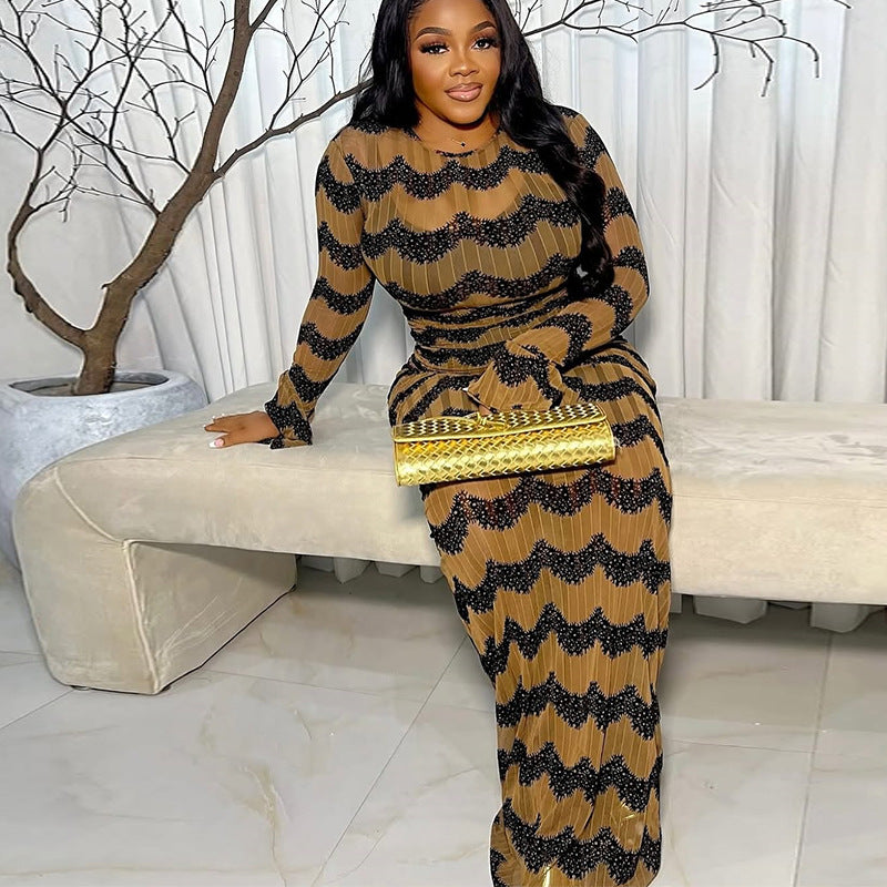 African Print Long Sleeve Bodycon Dress - Elegant Lace Pattern Evening Wear