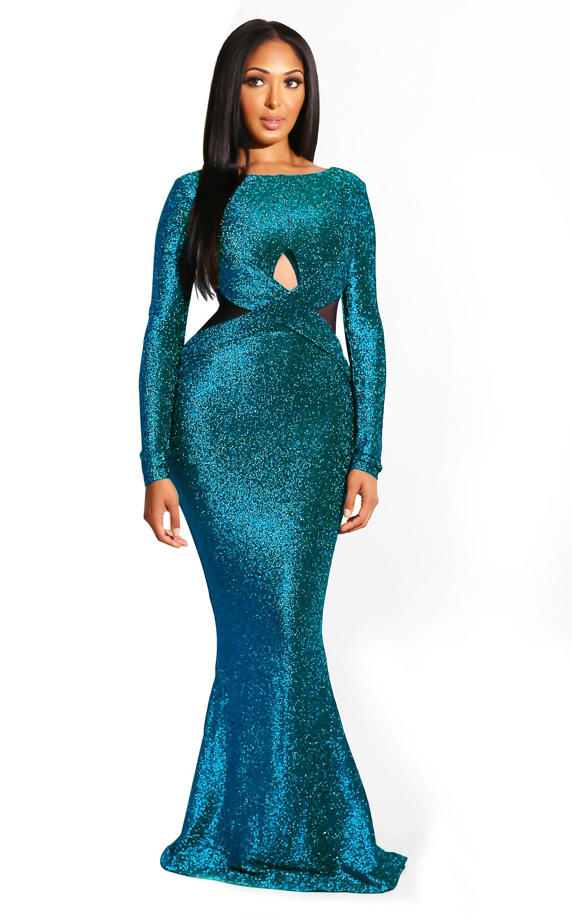 Glamorous Sequined Mermaid Evening Dress - Long Sleeve Backless Formal Gown