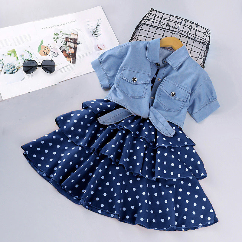 Toddler girl outfit, baby girl clothes,denim jacket + polka dot  two-piece