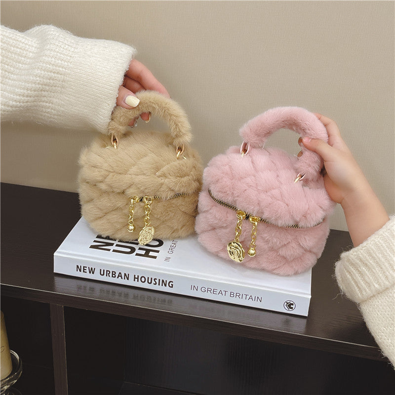 Cute Furry Mini Handbag for Kids Princess Style Chain Bag with Gold Accents