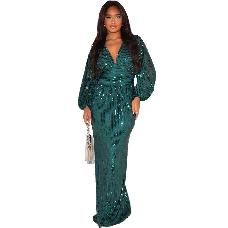 Sequin Dress - Long Sleeve V-Neck Evening Gown | MTS-Glamour"