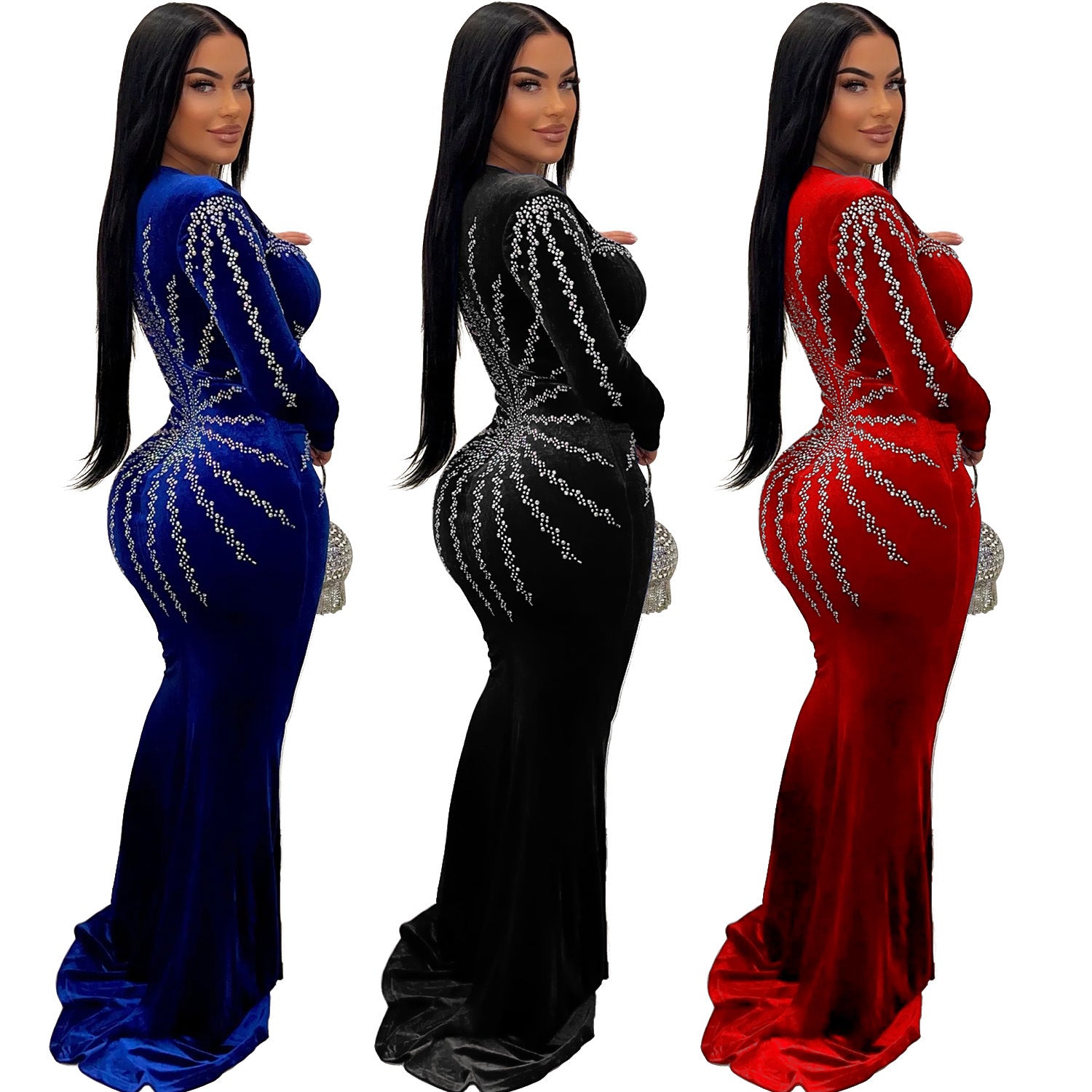 Sequined Mermaid Evening Gown Long Sleeve Bodycon Party Dress