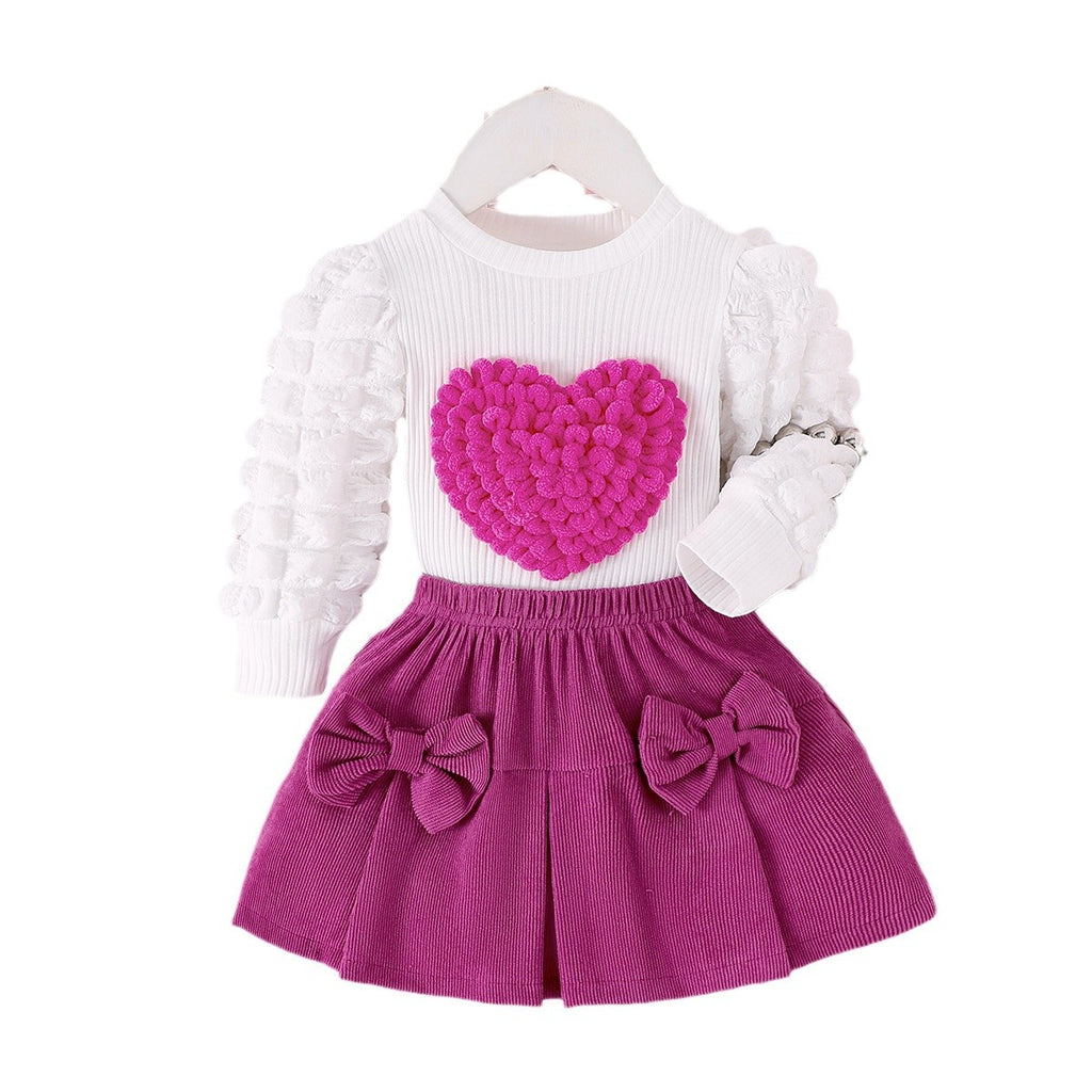 Children's suit puff sleeve love top + bow short skirt two-piece set