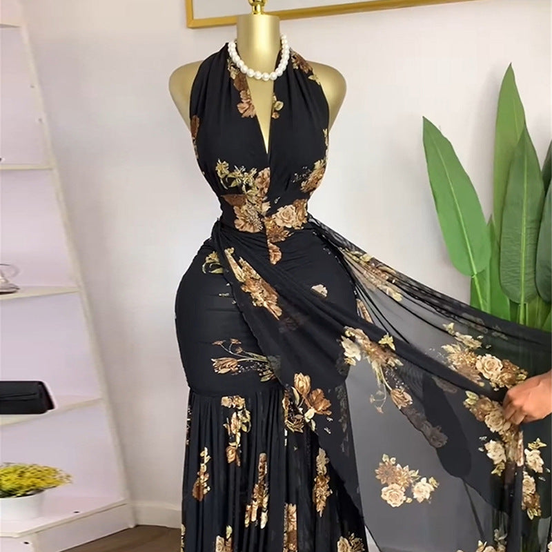 Black Floral Halter Maxi Dress - Elegant Evening Gown | MTS-Glamour