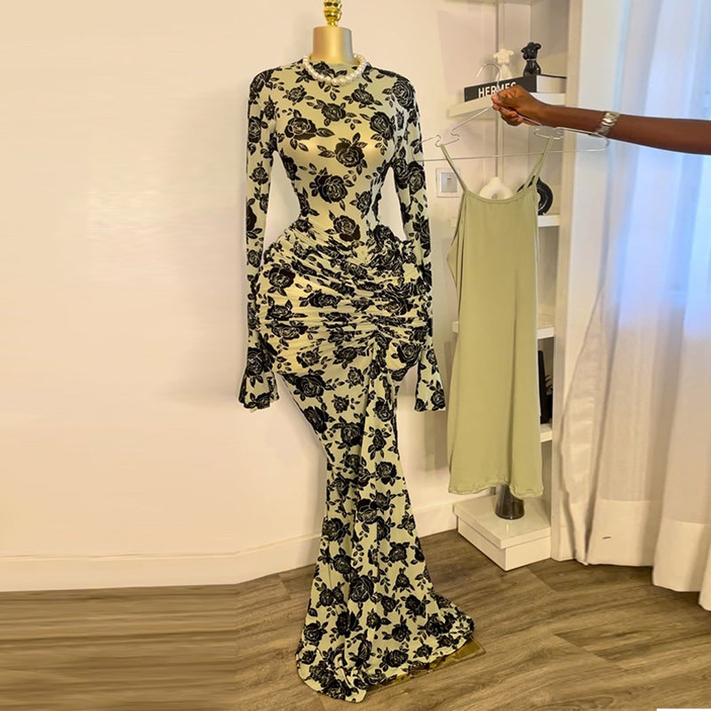 Olive Floral Print Bodycon Dress - Long Sleeve Ruched Side Detail | MTS-Glamour