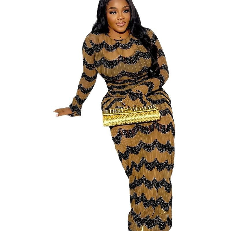 African Print Long Sleeve Bodycon Dress - Elegant Lace Pattern Evening Wear
