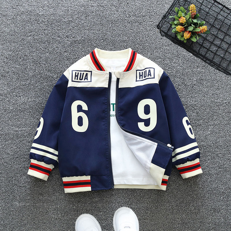 Boys Navy Blue Varsity Jacket HUA Logo Spring Autumn Casual Sports Coat
