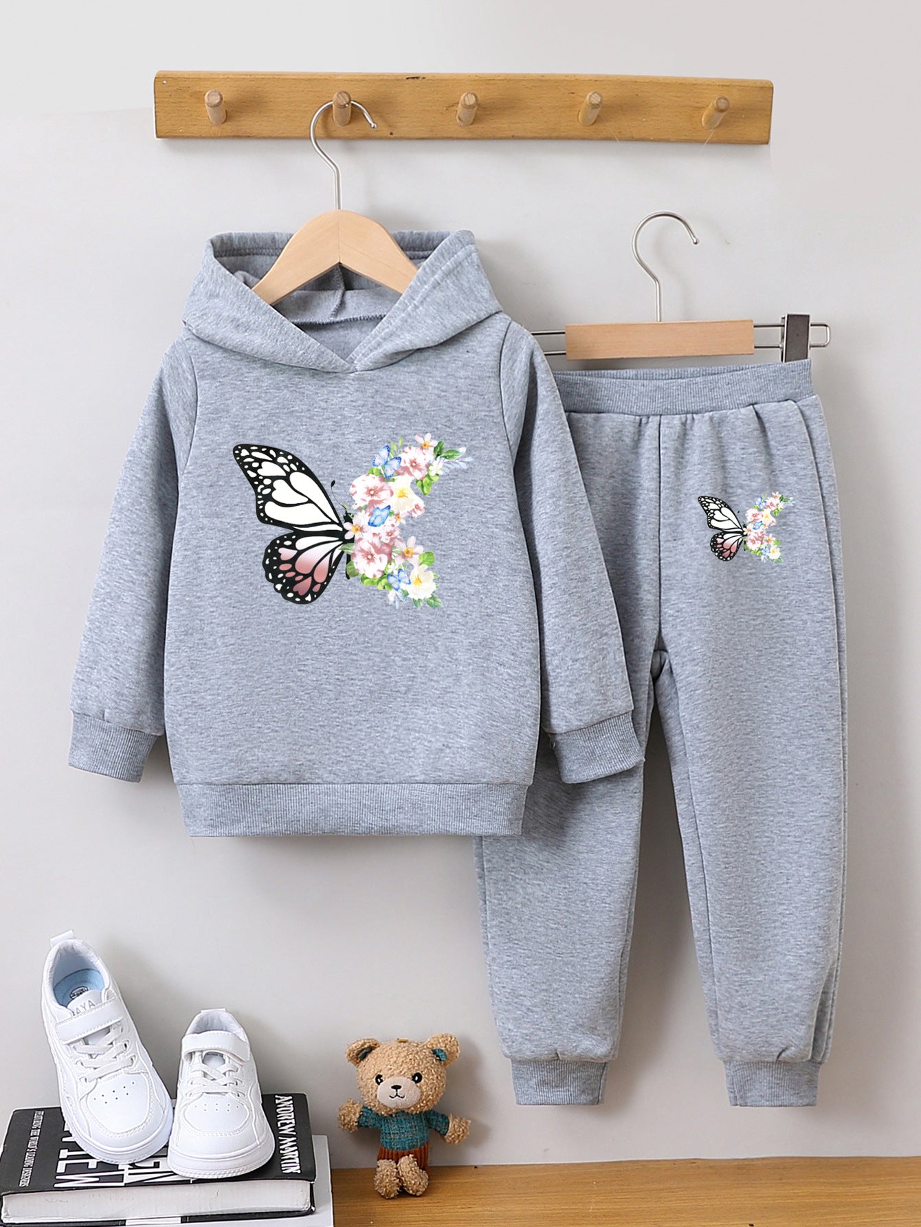 Sweatshirt two-piece butterfly print girl autumn and winter pullover set