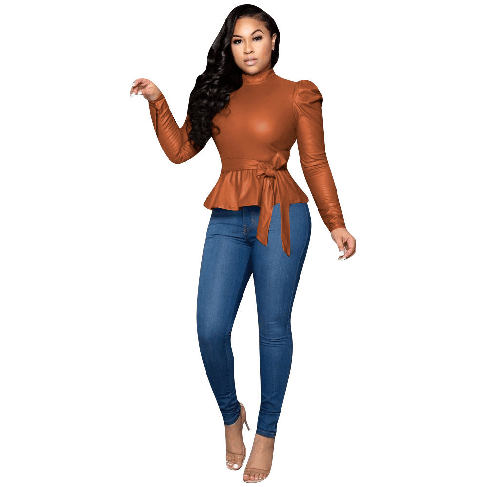 Chic Rust Peplum Top &amp; High-Waisted Skinny Jeans Set – Fall Fashion Must-Have