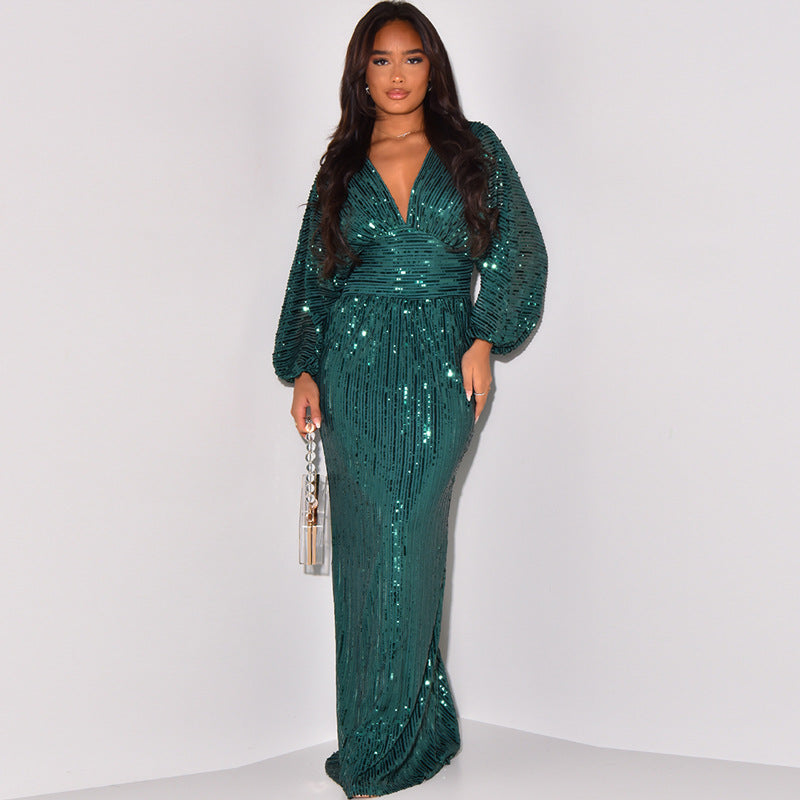 Sequin Dress - Long Sleeve V-Neck Evening Gown | MTS-Glamour"