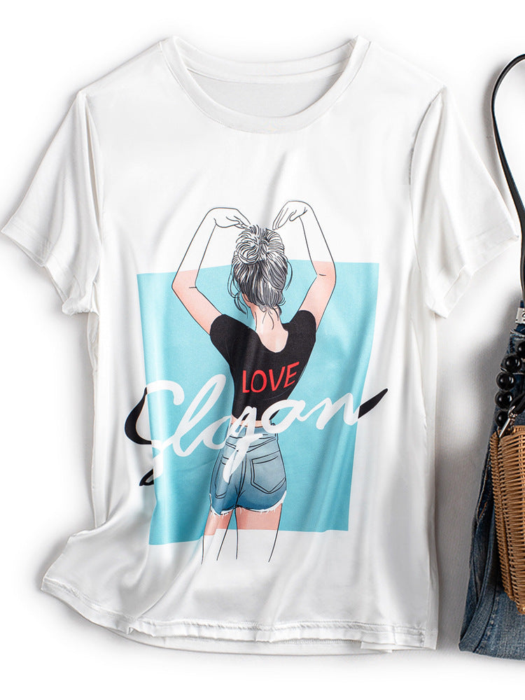 Silk T-shirt women's round neck knitted silk print pattern short sleeve