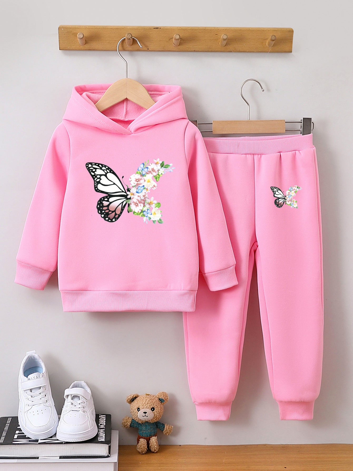 Sweatshirt two-piece butterfly print girl autumn and winter pullover set