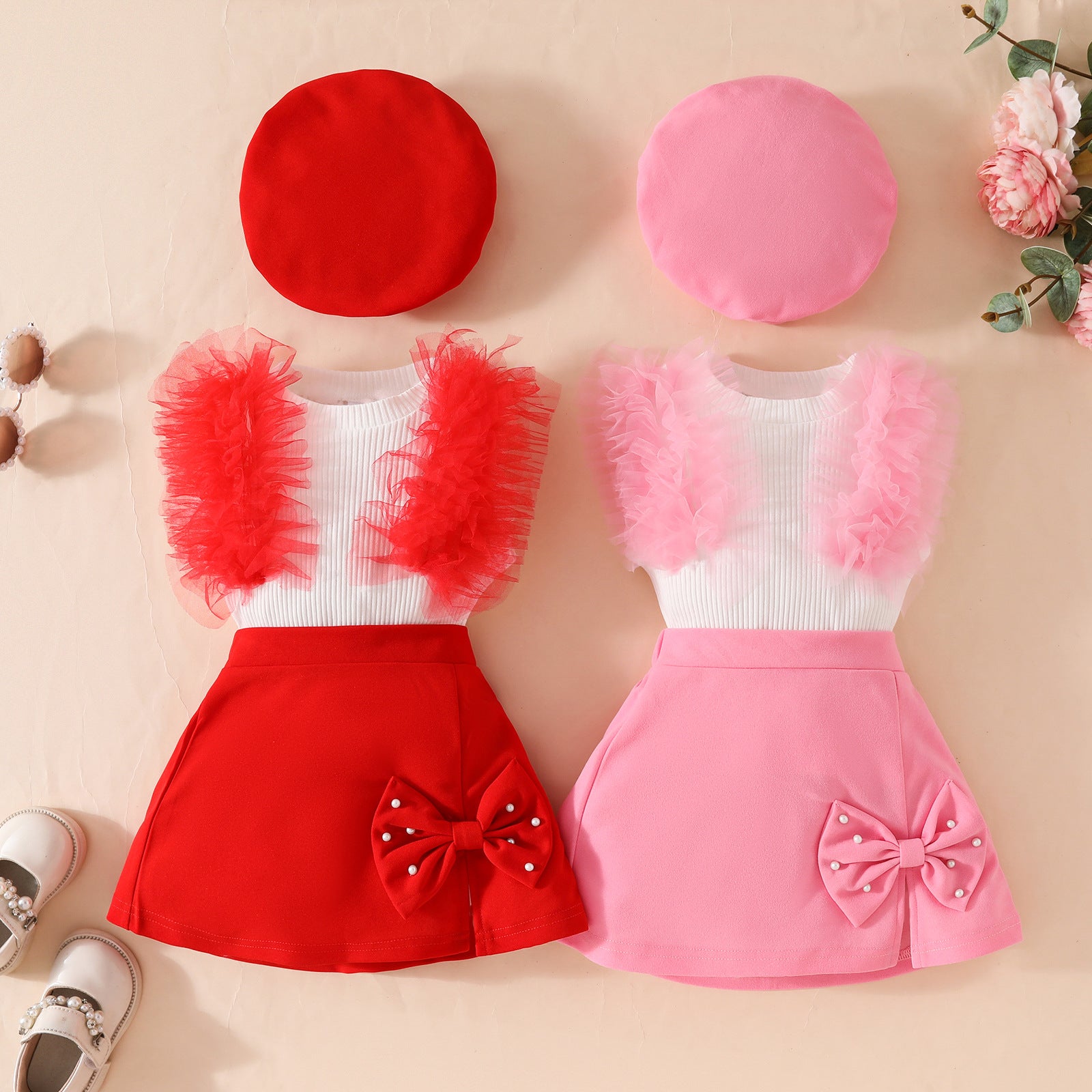 Toddler girls sleeveless mesh pit strip top beret three-piece set