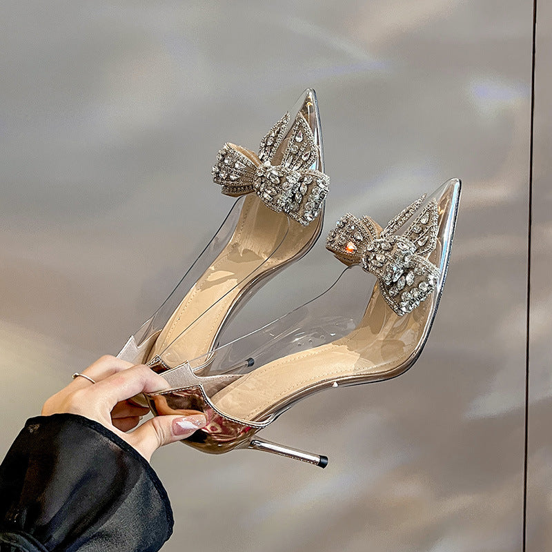 French crystal high heels women's new shiny bow singlespring  celebrity