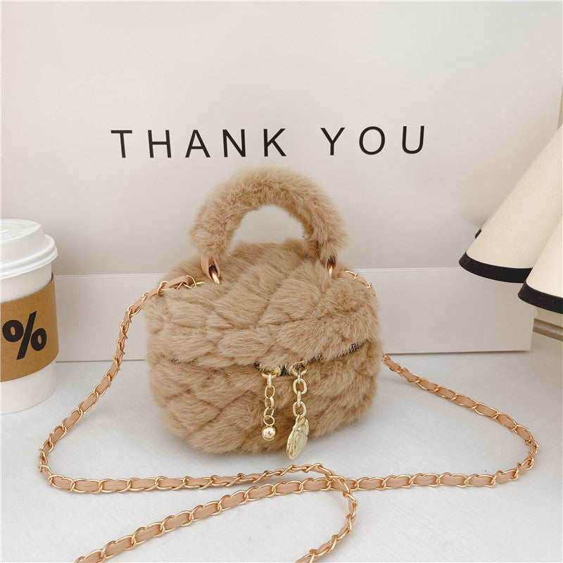 Cute Furry Mini Handbag for Kids Princess Style Chain Bag with Gold Accents