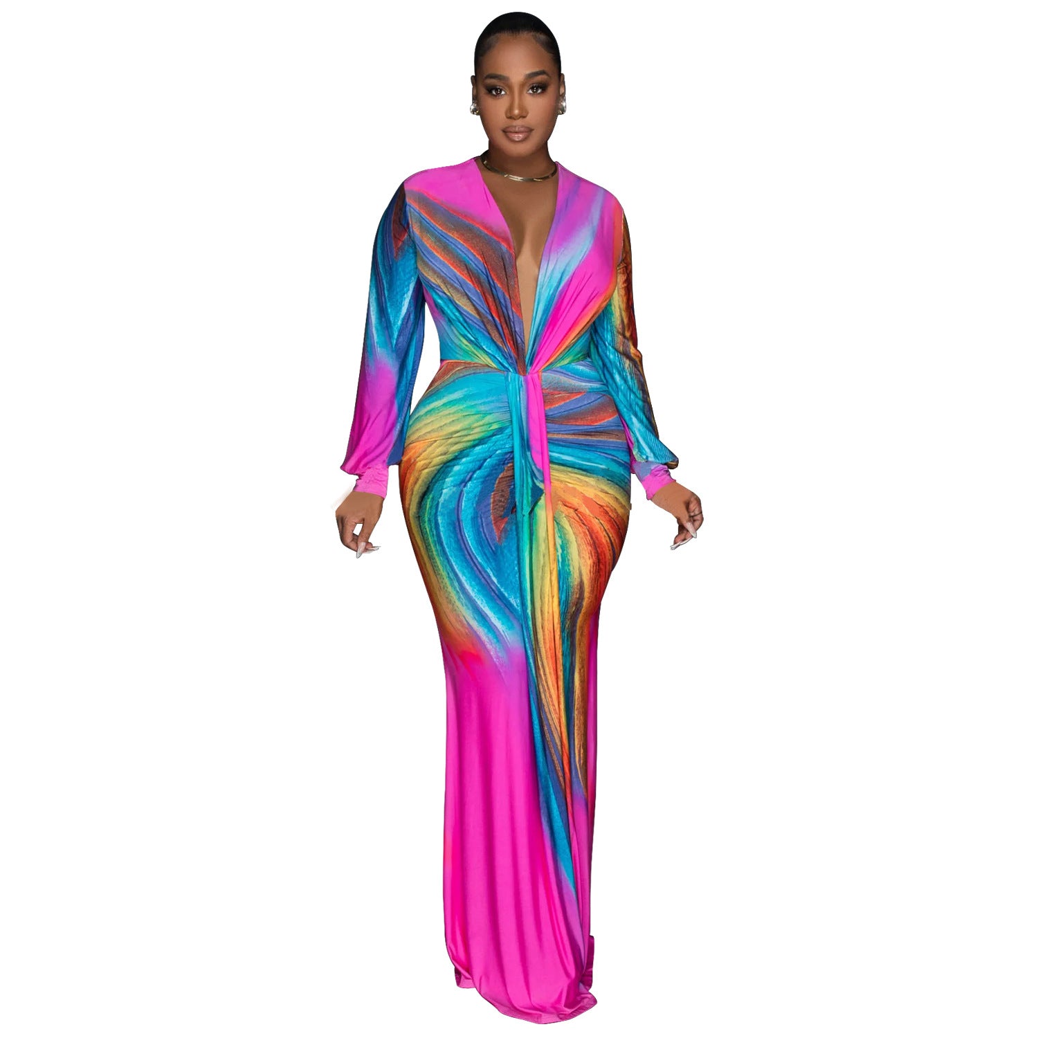 European and American fashion women's dress, pleats, color-blocked casual dresses, long