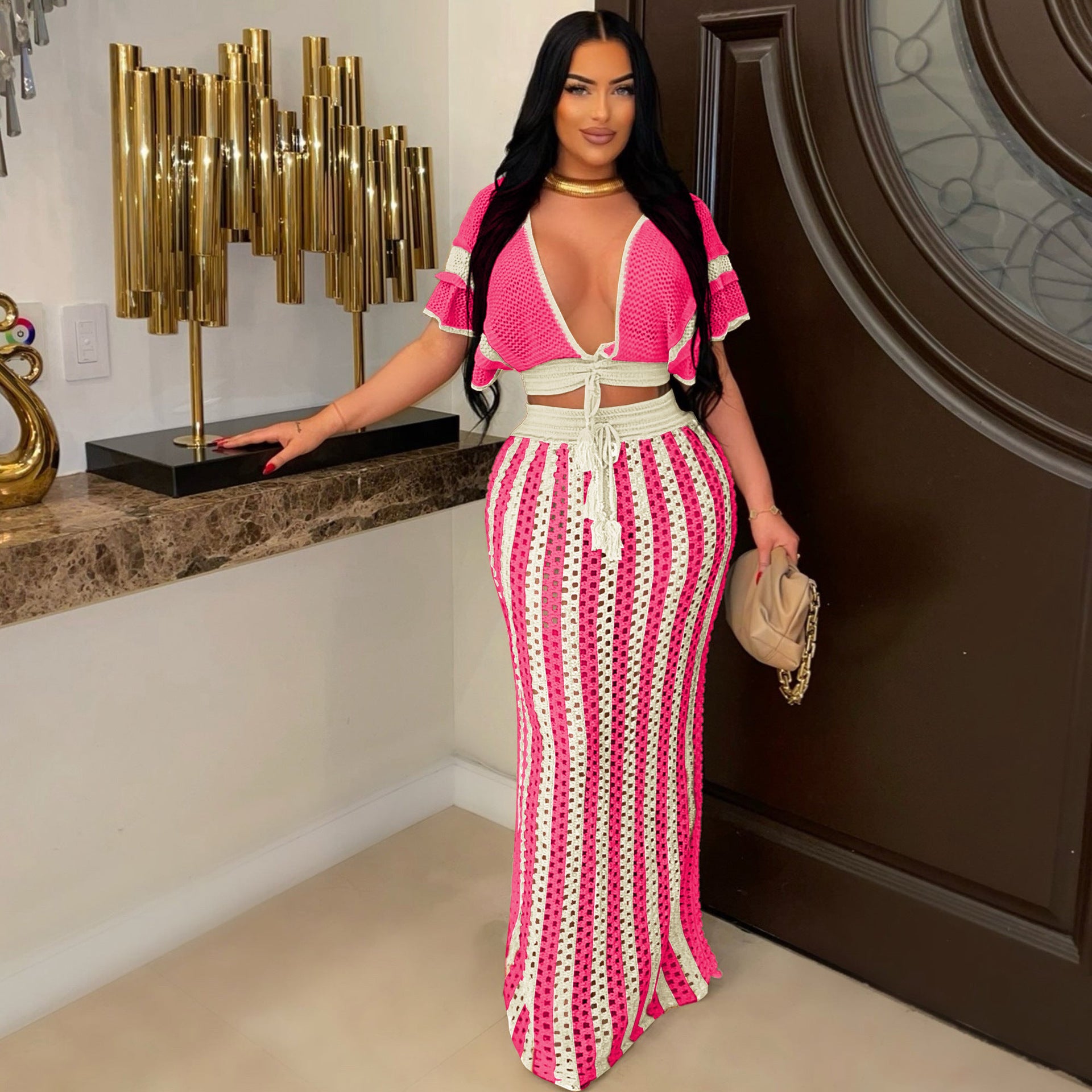 Black and White Striped Two-Piece Outfit