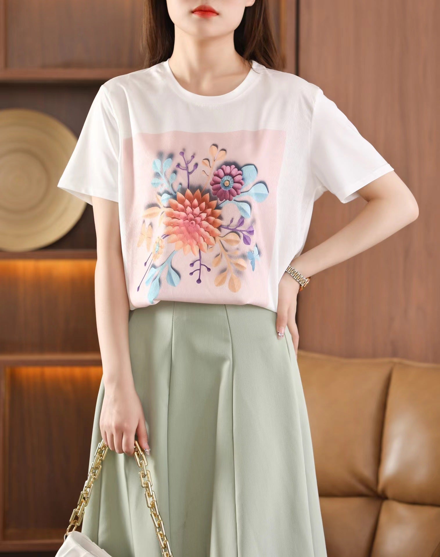 Silk T-shirt women's round neck knitted silk print pattern short sleeve