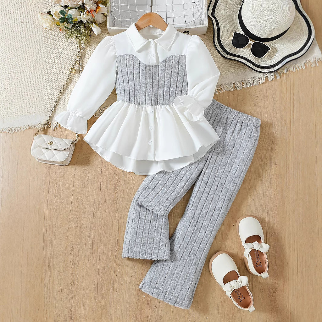 Girls White Shirt & Grey Knit Pants Set - Elegant Two-Piece Outfit
